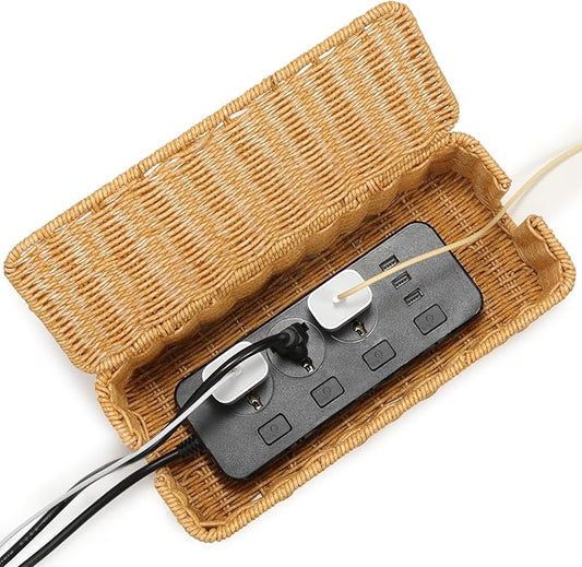 Delamu Handmade Rattan Small Cable Management Box, Cord Organizer with 2 Open Slots, Desk Cord Box Hider for Computer Router USB Hub Power Strip, 12.5" Lx 5.1" Wx 5.1" H, Natural
