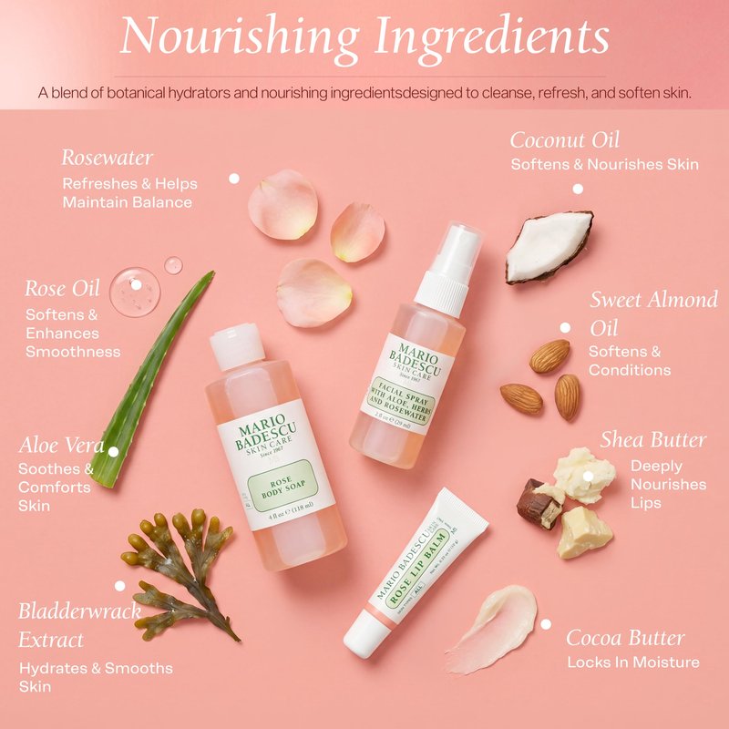 Mario Badescu Rose Essentials 3-Piece Set – Rose Body Wash, Rosewater Facial Spray & Lip Balm for Hydrating Head-to-Toe Skincare