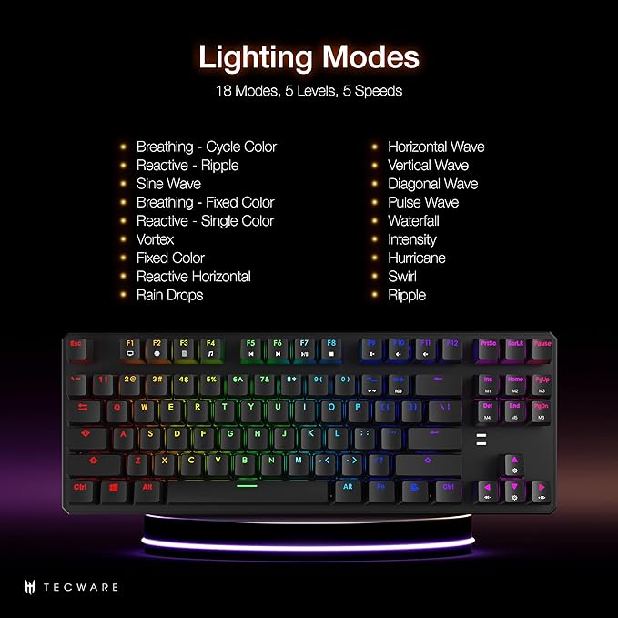 TECWARE Phantom 87 Key RGB Mechanical Gaming Keyboard | Outemu Blue Switch | 16.8M Color LED Lighting | 18 Pre-Set | Low Latency | N-Key Rollover | Software Customizable Keys | Wired USB Connection