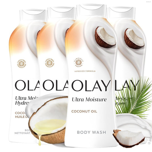 Olay Body Wash for Women, Ultra Moisture, 24hr Moisturizing, Hydrating & Refreshing, B3 Vitamin Complex, Free of Parabens & Phthalates, For All Skin Types, Coconut Oil Scent, 22 fl oz (Pack of 4)
