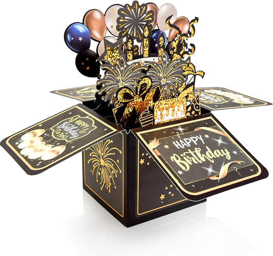 Surprise Pop Up Birthday Cards - Unique 3D Handmade Greeting Card for Adults & Kids | Black