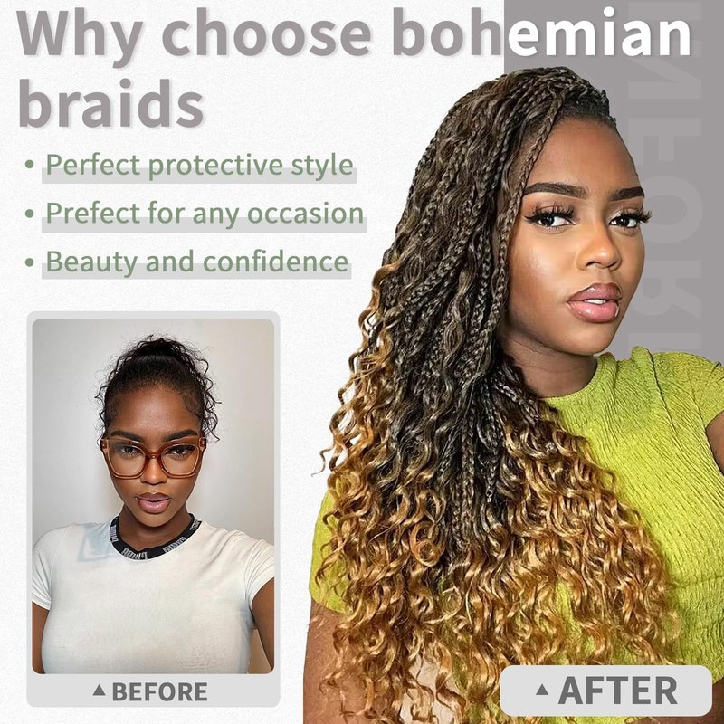 24 Inch 7 Pack Goddess Box Braids Burgundy Bohemian Crochet Boho Box Braids With Curly Ends Pre-looped Crochet Braids Hair for Women Synthetic Braiding Hair