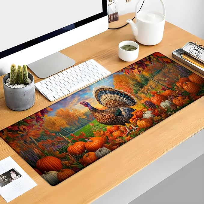 Kibue Autumn Turkey Gaming Mouse Pad, Pumpkin and Fall Leaf Mousepads for Gaming Home Office Work, Extended Mats Computer Keyboard Laptop, 31.5×11.8 Inch Large Desk Mat with Non-Slip Rubber Base