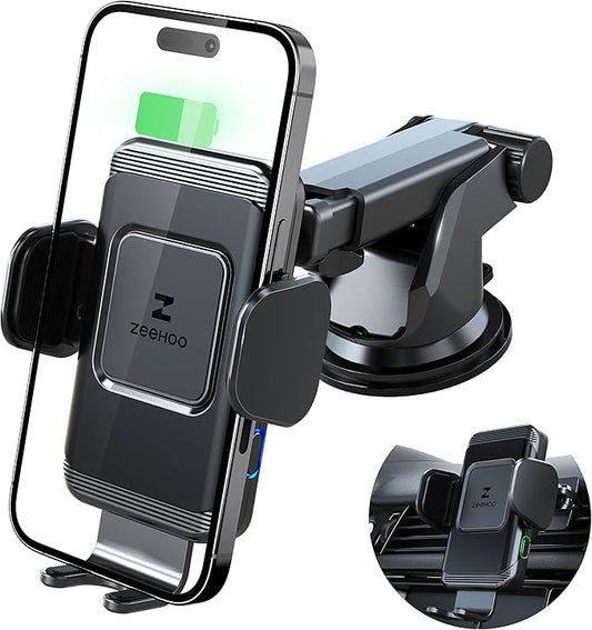 ZeeHoo Wireless Car Charger,15 W Fast Charging Auto-Clamping Car Mount,Windshield Dash Air Vent Phone Holder for iPhone 14 13 12 Mini 11 Pro Max XS XR 8,Samsung S22 S21 S20 Note 20 10 9 8