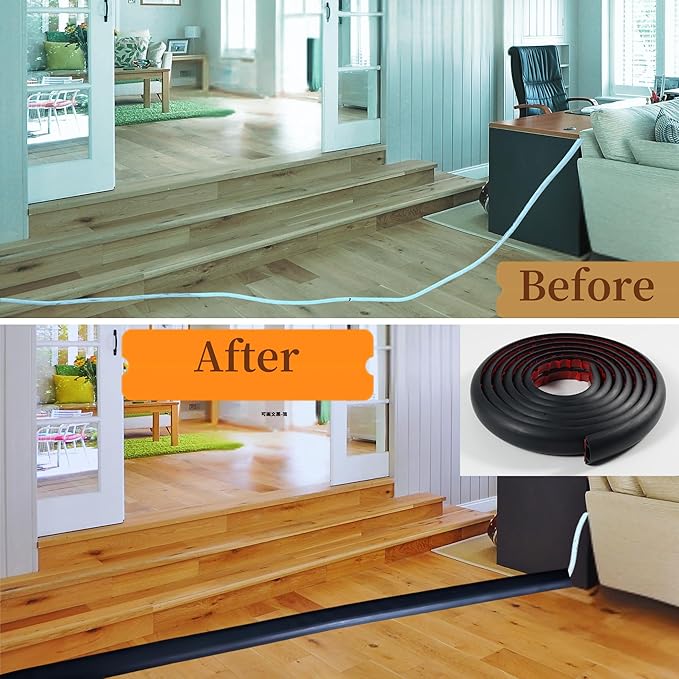 BEIEBIJOB 3.3ft Self Adhesive Floor Cord Cover,Heavy Duty Soft PVC Cable Protector and Extension Cord Hider,Cord Management System to Hide Wires on Floor,Cable Cavity:0.61" (W) x 0.32" (H) Black