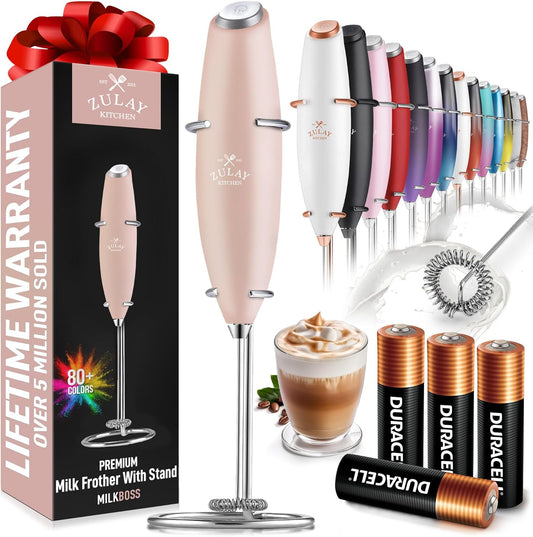 Zulay Kitchen Milk Frother Wand - Ultra-Fast Handheld Electric Whisk for Coffee & Lattes - Pink Salt