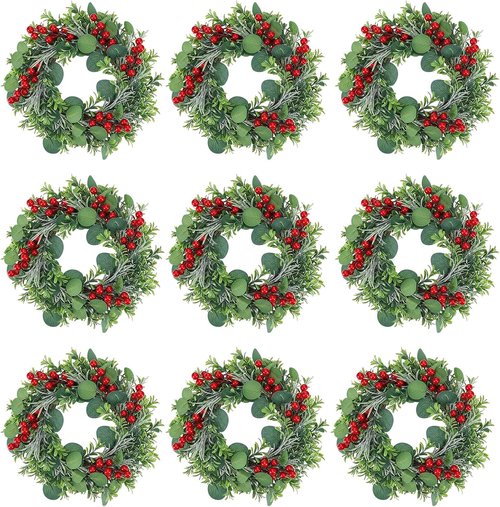 Daifunli Mini Wreaths - 8 Pcs 10-Inch Christmas Candle Rings with Red Berries & Eucalyptus Decor