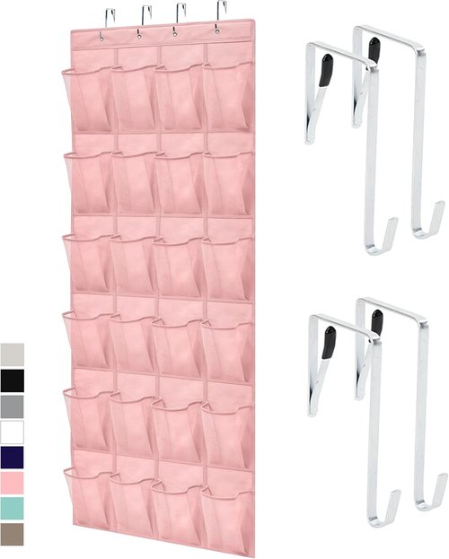 GORILLA GRIP Over The Door Shoe Organizer - 24 Large Breathable Mesh Pockets | Space-Saving Pink Storage Solution