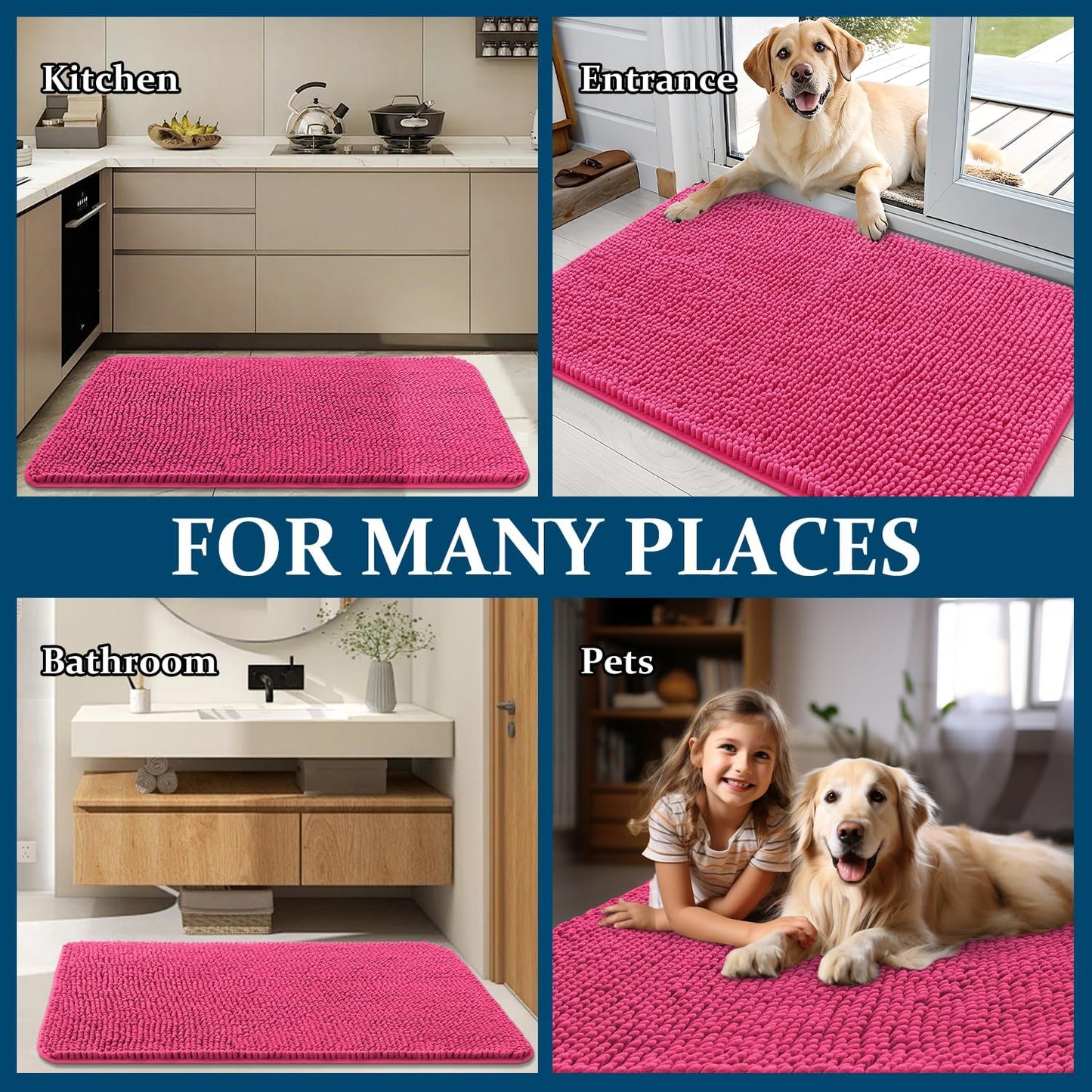 OLANLY Dog Door Mat - Absorbent Non-Slip Chenille for Muddy Paws | Quick Dry Indoor Entryway Carpet 59x32, Hot Pink