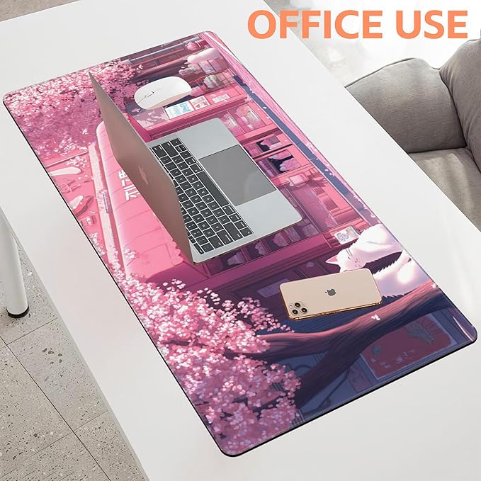 NIYLYNSYN Mouse Pad Large Cake Shop and White Cats Non-Slip Gaming Desk Mat with Stitched Edge Laptop Keyboard Desk Pad for Work Home Gaming (35.4 x 15.7 Inches)
