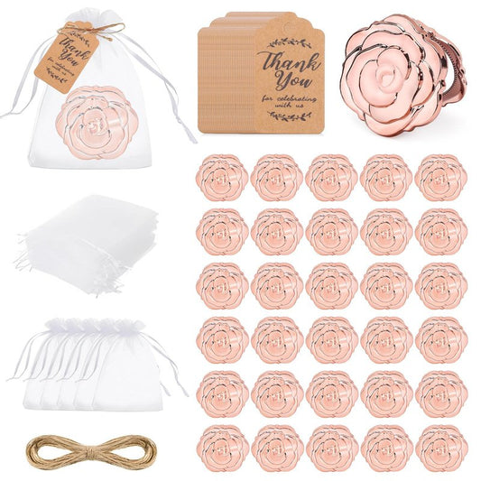 30 Set Rose Compact Mirror Bulk Wedding Favors, Bridal Shower Party Favors for Guests Roses Shape Portable Folding Mirrors with Thank You Tag and Organza Bag (Rose Gold)