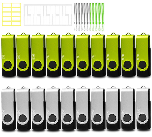 Nicepicten Thumb Drive 16GB FAT32 USB Flash Drives 20 Pack 16 GB USB 2.0 Jump Drives Multipack Flash Memory Stick Zip Drive Pendrive 20Pack with 20PCS Lanyards Label (Green Sliver 16gig)