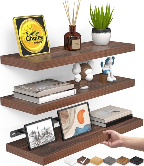 BAYKA Floating Wall Shelves - Rustic Wood Design for Bathroom, Bedroom & Living Room | Set of 3 (Walnut-Like, 15.7in)