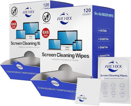 ARCHXX Screen Wipes for Electronics, 240 Count 6"x6" Pre-Moistened Screen Cleaner for Screens, Computer,Laptop,Tablet,Phone,Monitor,Car Screen Cleaner, Lens Wipes Individually Wrapped