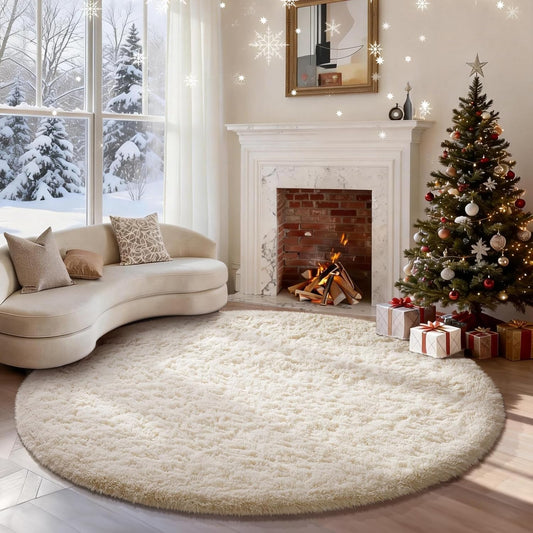 Ophanie Round Area Rug - 6Ft Ivory Circle | Fluffy Soft Shaggy Carpet for Aesthetic Room Decor