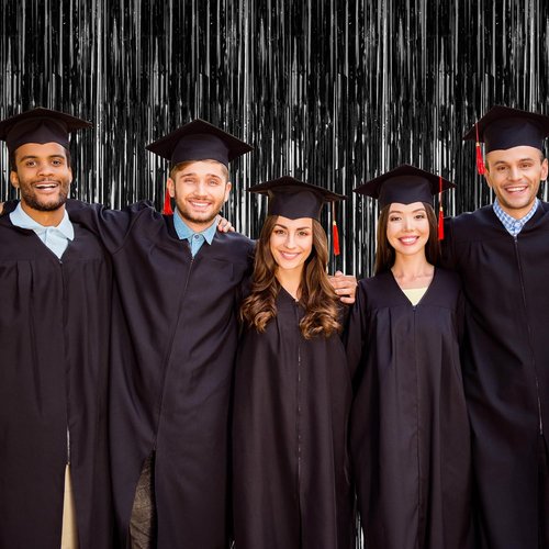 2026 Graduation Party Decorations - 2 Pack Black Backdrop & Metallic Fringe Curtains | 3.28 FT x 7.05 FT