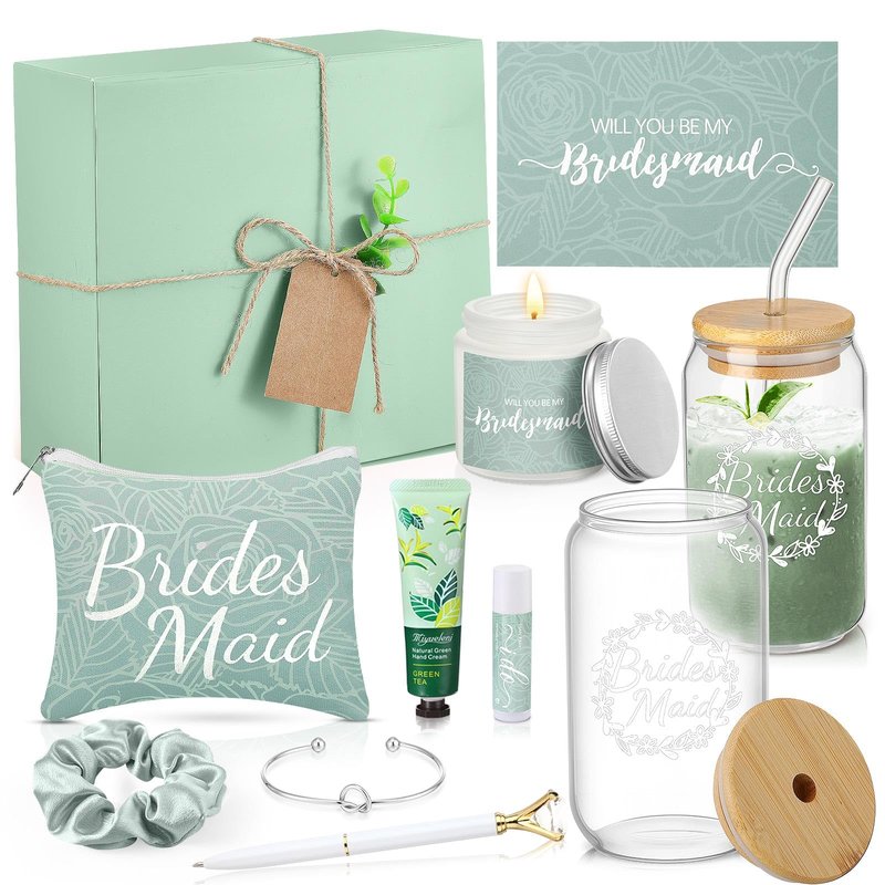 Meanplan 14 Pcs Bridesmaid Proposal Gifts Set, Will You Be My Bridesmaid Gifts with Proposal Box Glass Cup Makeup Bag Cards Lip Balm Hand Cream Candle Scrunchie Bracelet Diamond Pen for Wedding(Green)
