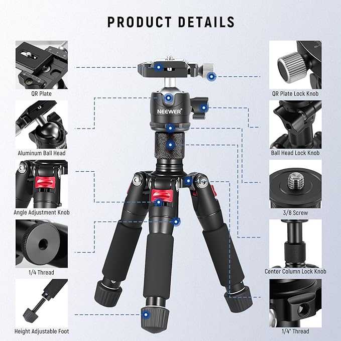 NEEWER Portable Travel Mini Tabletop Tripod, Aluminum Alloy 20''/ 50cm Desktop Desk Tripod with 360 Degree Ball Head, 1/4" Quick Shoe Plate for DSLR Camera Video Camcorder, Max Load 11 lb/5 kg