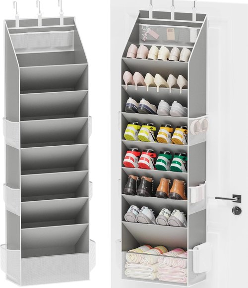 Criusia Shoe Organizer - Over The Door Hanging Storage with Large Pockets | Fits 16-24 Pairs - Gray