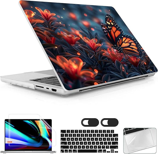 Lepeoac Case for MacBook Pro 16 inch Case 2026-2021 | M5 A3429 A3428 M4 M3 M2 M1 Pro/Max | Protective Hard Shell Laptop Cover with Screen Protector & Keyboard Cover | Butterflies Flowers
