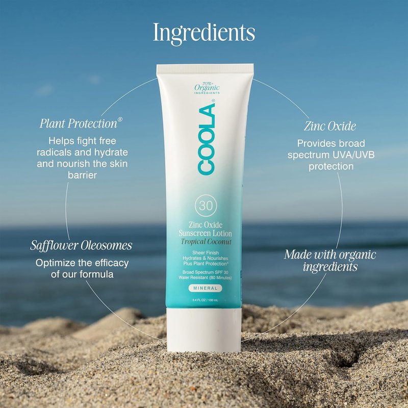 COOLA Organic Mineral Sunscreen - Broad Spectrum SPF 30 Body Lotion | Tropical Coconut Scent for Daily Skin Protection