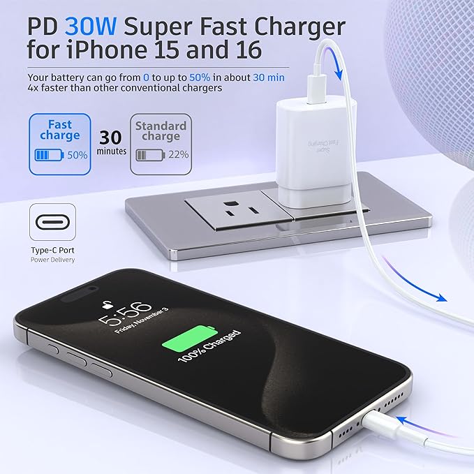 TT&C 2-Pack 30W USB C Charger Set (2X Mini Wall Blocks + 2X 10ft Extra Long Cables), Power PD 3.0 Fast Charging Compatible with iPhone 17, 17 Air, 16, 15, & for Samsung Galaxy S26, S25, White