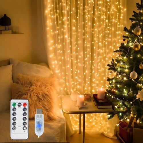 Lemical 300LED Curtain Lights - 9.8FT x 9.8FT Fairy String Lights with Remote & USB Plug | Warm Light for Indoor Decor
