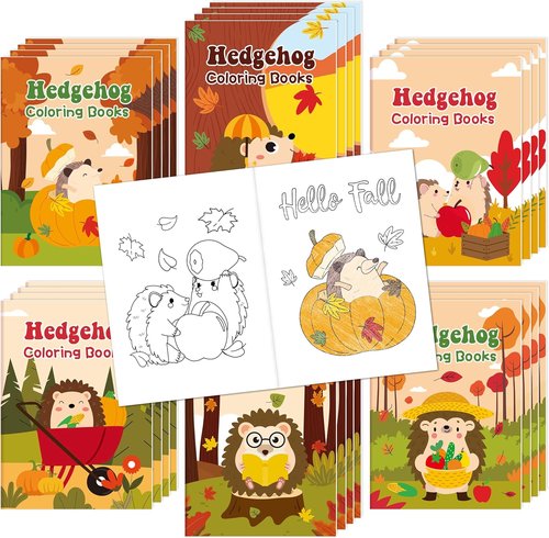 JAPBOR Fall Hedgehog Coloring Books - 24 Mini Autumn Coloring Pages for Party Favors | Ideal for Kids' Birthday Gifts