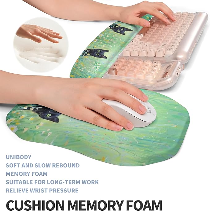 Gleamtide 2-in-1 Ergonomic Set, Wave Keyboard Wrist Rest and Massage Slope Mouse Pad Wrist Support, Rebound Memory Foam for Relieve Carpal Tunnel Syndrome and Wrist Pain (Oil Painting Cats)