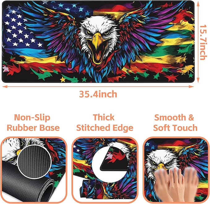 NIYLYNSYN Mouse Pad Large Flag with an Eagle Non-Slip Gaming Desk Mat with Stitched Edge Laptop Keyboard Desk Pad for Work Home Gaming (35.4 x 15.7 Inches)