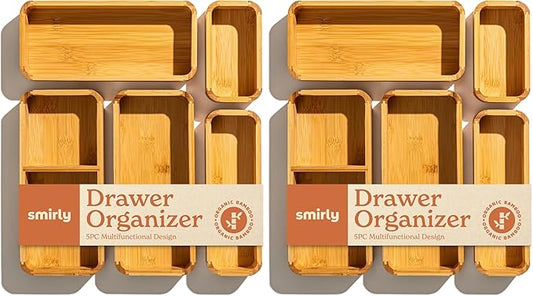 SMIRLY 5-Piece Bamboo Kitchen Drawer Organizer Set for Large and Small Utensils, Multi-use Storage Box - Bathroom, Nightstand, Jewelry, Cutlery, Knife, Spice, Towel, Junk Drawer Tray (Pack of 2)