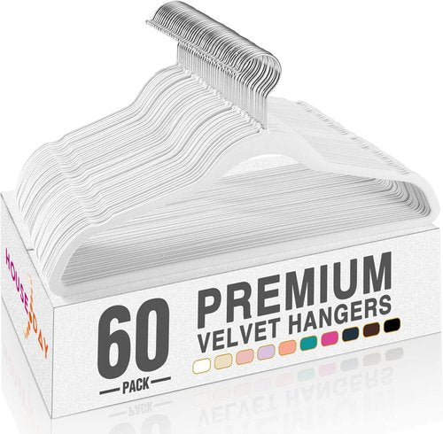 HOUSE DAY White Velvet Hangers - 60 Pack Non-Slip Heavy Duty Felt Hangers for Closet Organization | 360° Rotating Hook