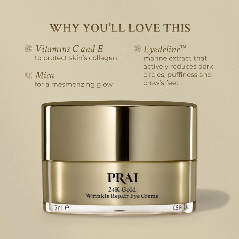 PRAI Beauty 24K Gold Eye Cream - Anti-Aging Wrinkle Repair with Hyaluronic Acid | 0.5 Oz
