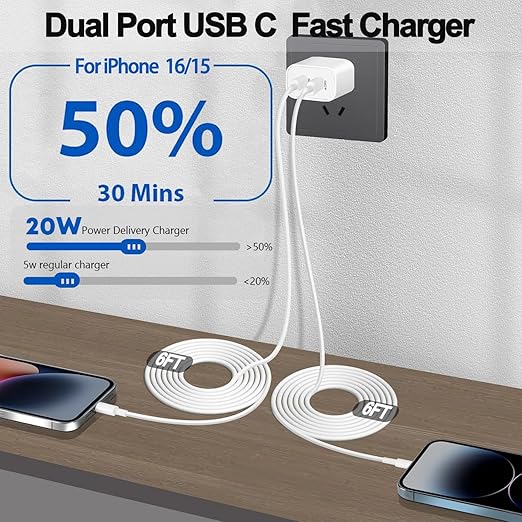 iPhone Charger Fast Charging,2Pack Dual Port USB C Fast Wall Chargers Block with 6FT USB C Cable for Apple iPhone 17e/17 Pro Max/17Pro/Air/iPhone 16Pro Max/16 Plus/16e/15/iPad Pro/Air/Mini/AirPod
