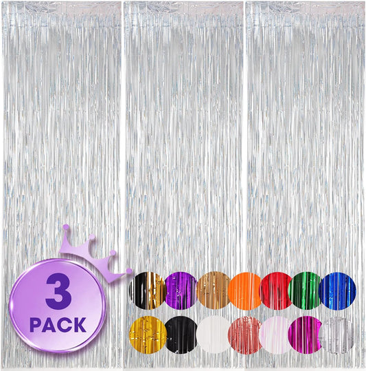 Voircoloria Laser Silver Foil Fringe Backdrop Curtains - 3 Pack 3.3x8.2 Feet for Parties & Events