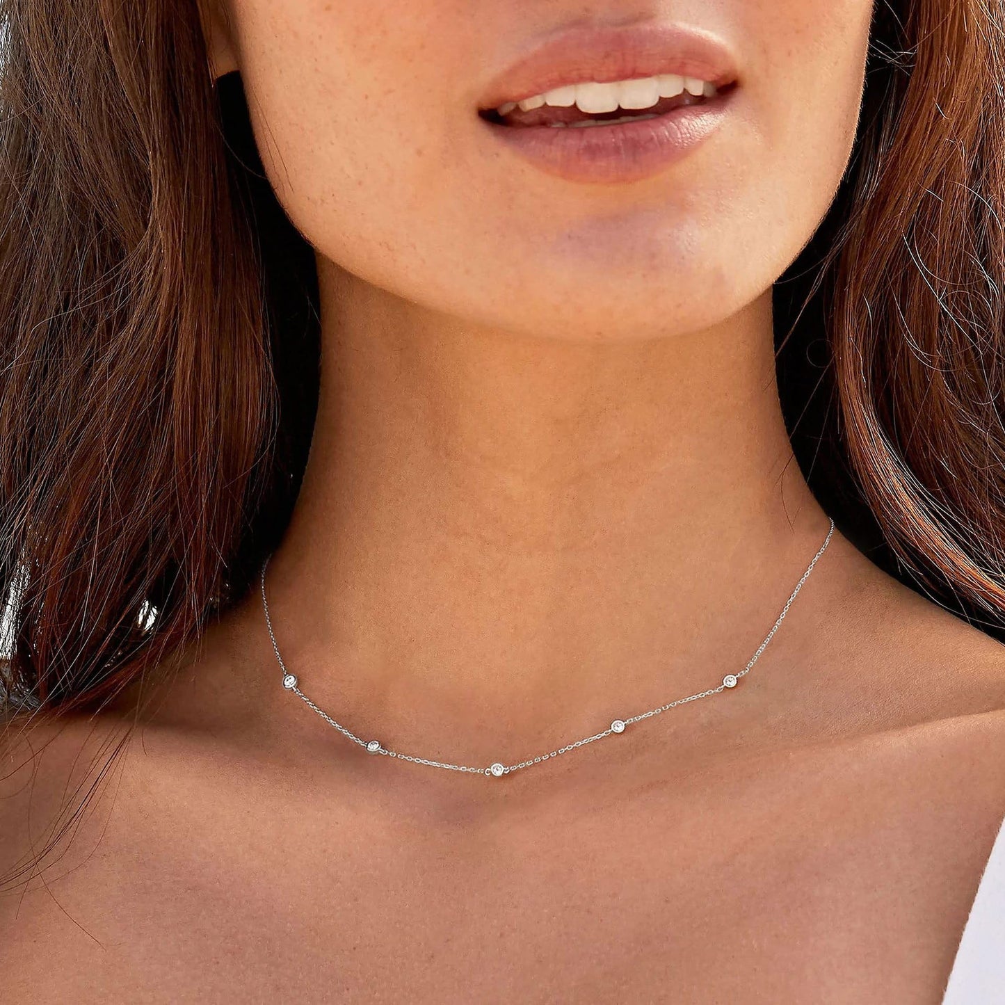 LecAit Silver Station Necklace for Women | CZ Diamond Choker Necklaces Gold | Simulated Diamond BTY Necklace | Silver Cubic Zirconia Chain Choker Necklaces for Women