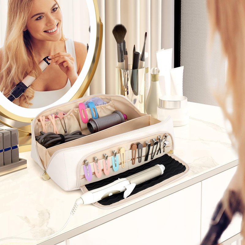 Linpr Hot Hair Tools Travel Bag with Heat Resistant Silicone Mat, 2 in 1 Hair Dryer Storage Bags, Women Travel Essentials Organizer Case for Curling Irons, Straighteners, Hot Air Brushes (White)