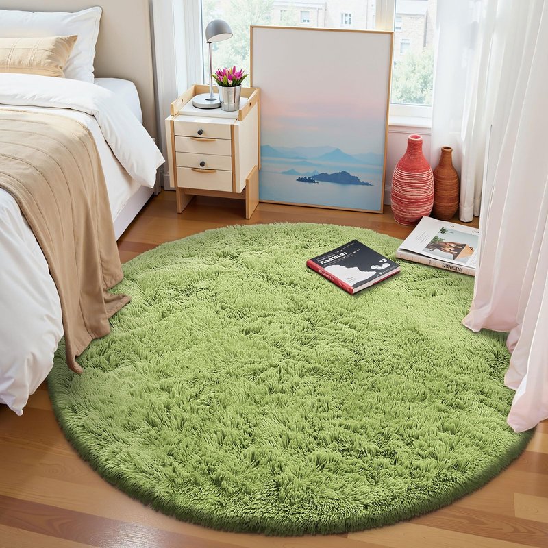 OLANLY Grass Green Round Rugs for Bedroom - Machine Washable, 4 ft Circle Area Rugs for Living Room, Soft and Fluffy Shaggy Carpet for Teen Girls and Boys, Nursery Rooms, Dorms, Home Decor Aesthetic