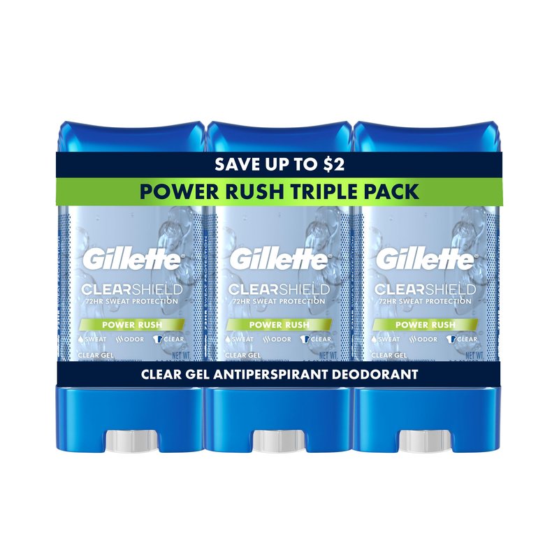 Gillette Antiperspirant and Deodorant for Men, 72hr Sweat & Odor Protection, Long Lasting Freshness, Anti-White Mark Technology, Clear Gel, Power Rush Scent, 3.8 oz (Pack of 3)