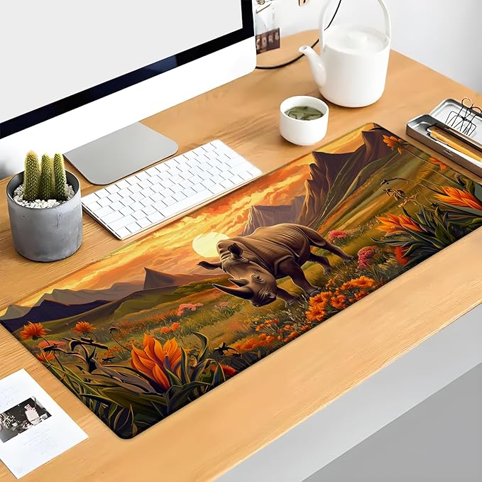 Kibue Rhino Gaming Mouse Pad, Sunset Floral and Wildlife Mousepads for Gaming Home Office Work, Extended Mats Computer Keyboard Laptop, 31.5×11.8 Inch Large Desk Mat with Non-Slip Rubber Base