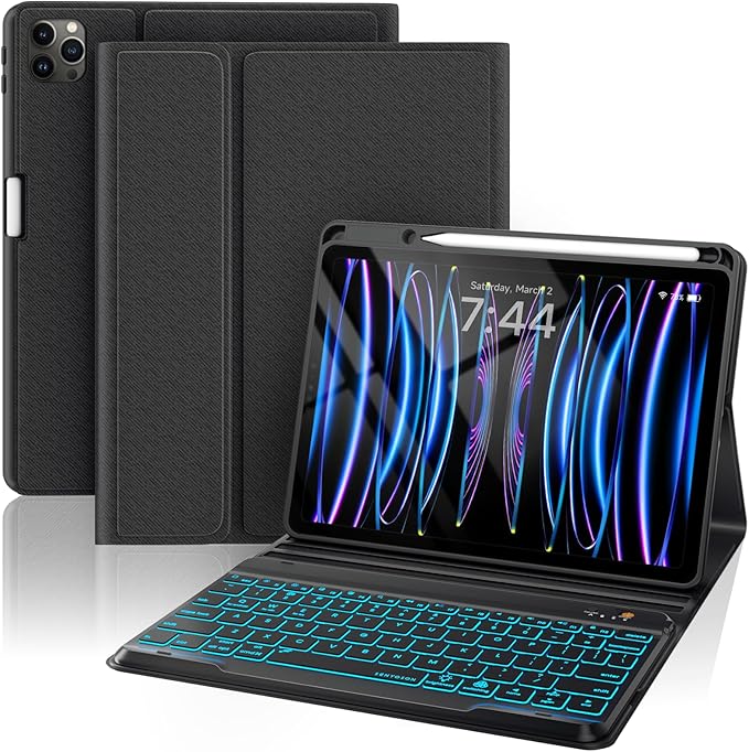 OPAKIT Keyboard Case for iPad Air 5th/4th Pro 11 inch, 7-Color Backlit Detachable Wireless Keyboard Case with Pencil Holder, Stand Folio Cover for Gen 2020/2022, Pro 4th/3rd/2nd/1st Gen, Black