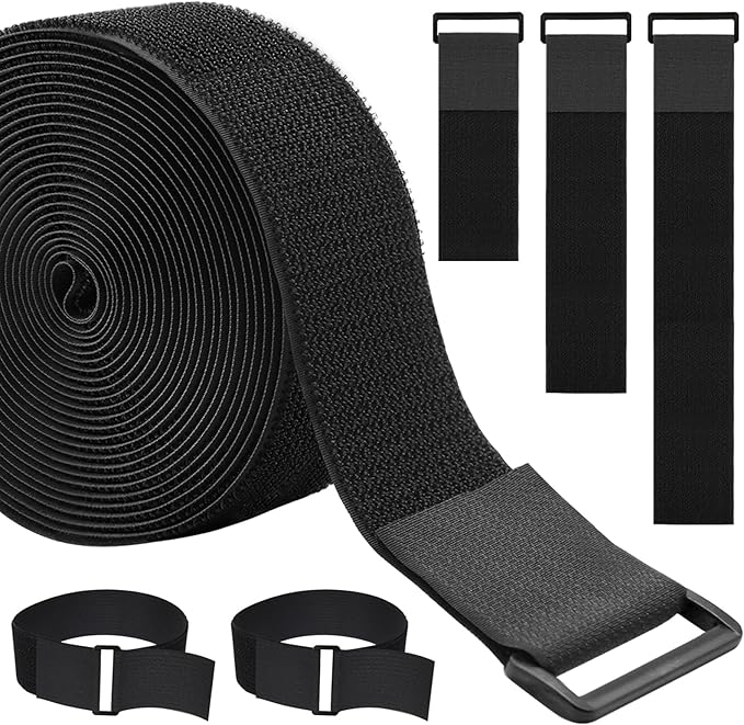 WSZJINB 2In x 16Ft Cable Straps Heavy Duty With 15 Buckles, Black Hook and Loop Straps, Reusable Cable Ties for Organizer or Storage