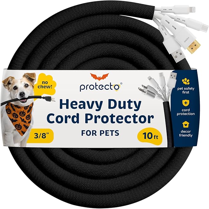PROTECTO Heavy Duty Dog & Cat Cord Protector 10ft Long Sleeve, Easy-to-Use 3/8 in Cord Cover for Pet, Odorless Black Color, No Chew Solution for Power, Audio & Video Wire Tubing, Fits 4-6 Cables
