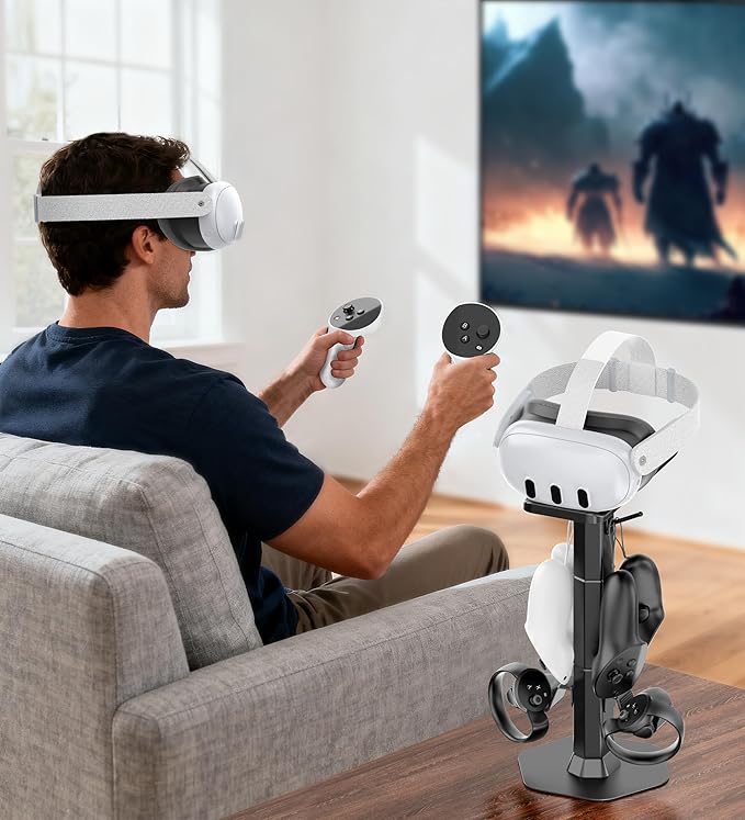 Kosker Headphone & Controller Stand with VR Holder Stand for Desk, Universal VR2 Gaming Headset Stand for PS5/Xbox/PSVR2/Meta Quest, Controller/VR Storage with Cable Organizer, Sega Genesis Consoles