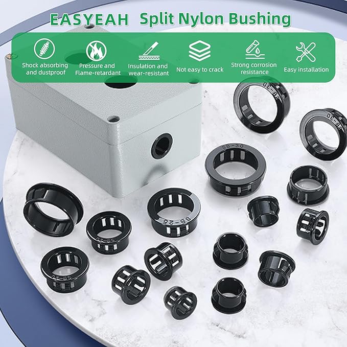 EASYEAH 1 Inch (25mm) Black Snap-in Knockout Insulating Bushing Grommets, Plastic Cable Hole Grommets for Wiring, Round Nylon Snap in Locking Electrical Wire Cord Hose & Tubing Protector, 20pcs