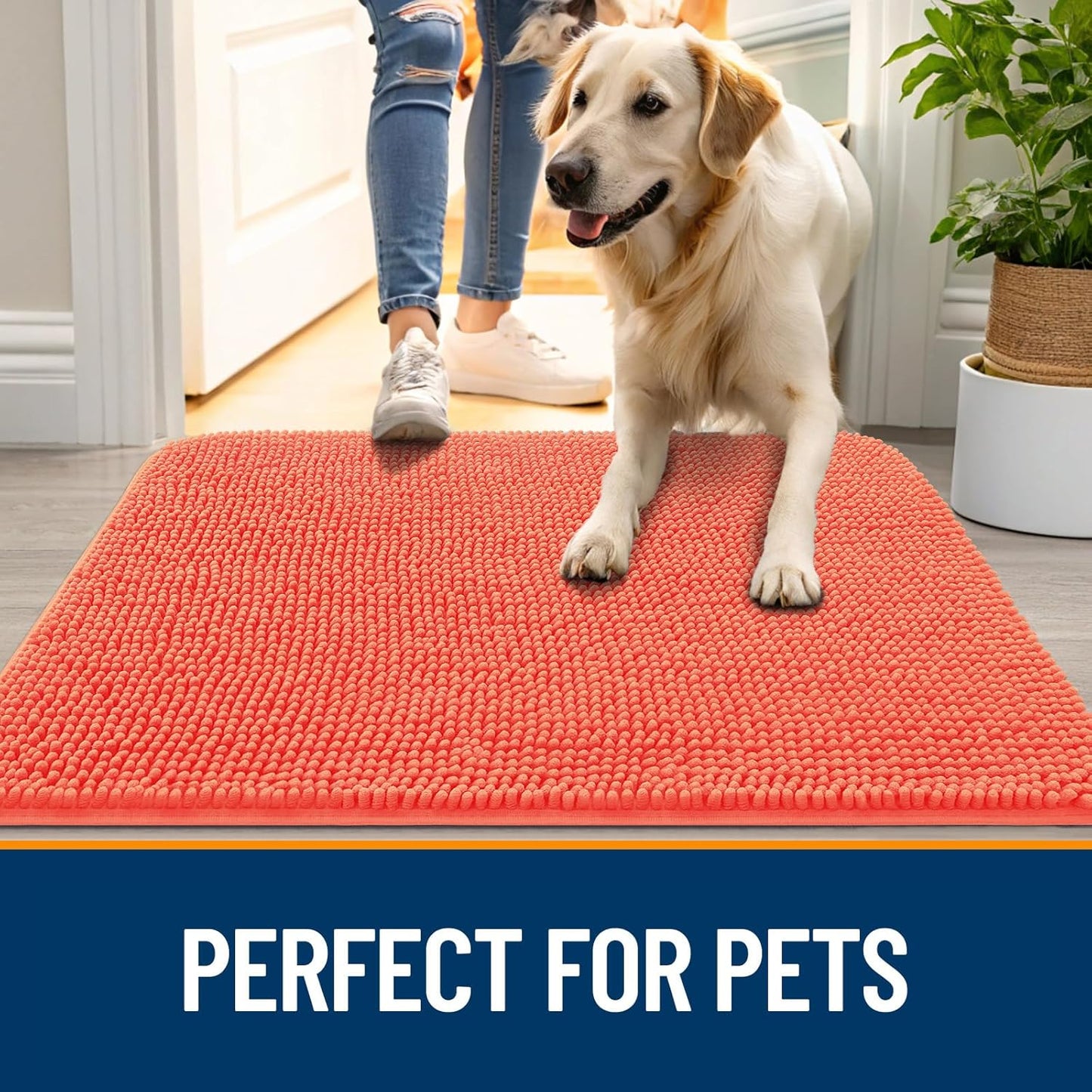 OLANLY Dog Door Mat - Absorbent Non-Slip Chenille Mat for Muddy Paws | 35x24 Coral Indoor Carpet