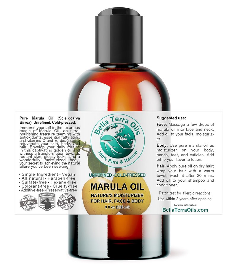 Bella Terra Oils - Marula Oil 8 oz - Cold-Pressed, Rich in Amino Acids & Antioxidants, the Epitome of Luxury Face Oil, Boost Your Glow