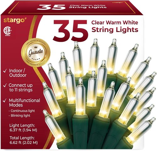 Clear Warm White Christmas Tree Lights - 35 Mini Bulbs with Multifunctional Modes | 6.3 ft String for Indoor & Outdoor Decor