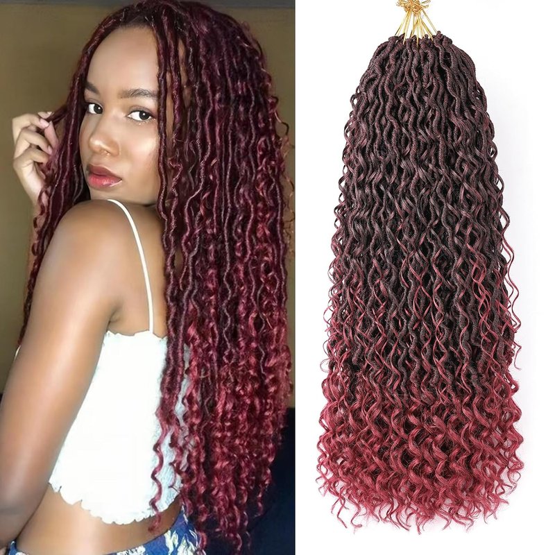 Ombre Burgundy Red Boho Goddess Locs Crochet Hair - 22 Inch, 8 Packs Synthetic Faux Locs with Curly Ends