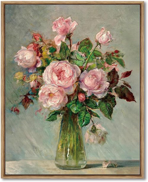 AIMAILON Vintage Framed Canvas Wall Art - Classical Pink Rose Floral Still Life Print | 8x10 Decor for Living Room & Bedroom